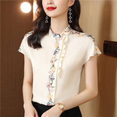 批发<b class='q'>真丝</b>印花<b class='q'>衬衫</b>女2026夏季新款荷叶边立领高端大簰短袖洋气减龄上衣