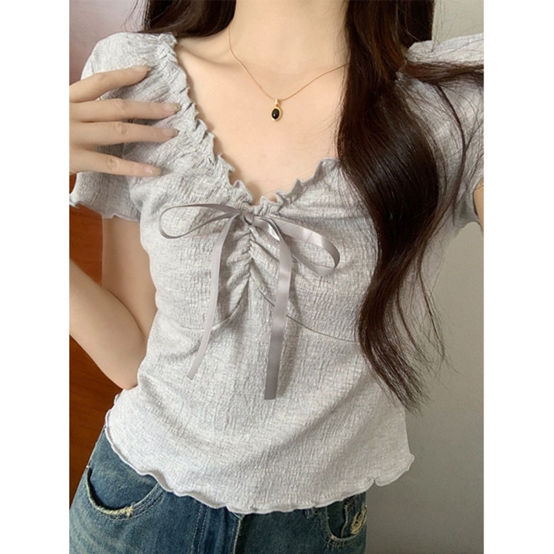 Original fabric 65 cotton 30 polyester 4 nylon 1 spandex V-neck lace T-shirt women's summer fungus