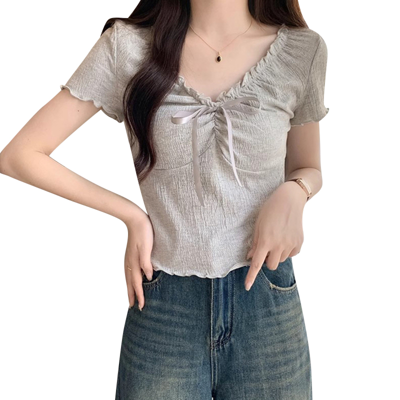 Original fabric 65 cotton 30 polyester 4 nylon 1 spandex V-neck lace T-shirt women's summer fungus