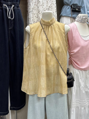 Stylish and Exquisite Wide-Leg Linen V-Neck Blouse for Women, Summer Slimming and Elegant Pink Babydoll Top for Outerwear, Sleeveless