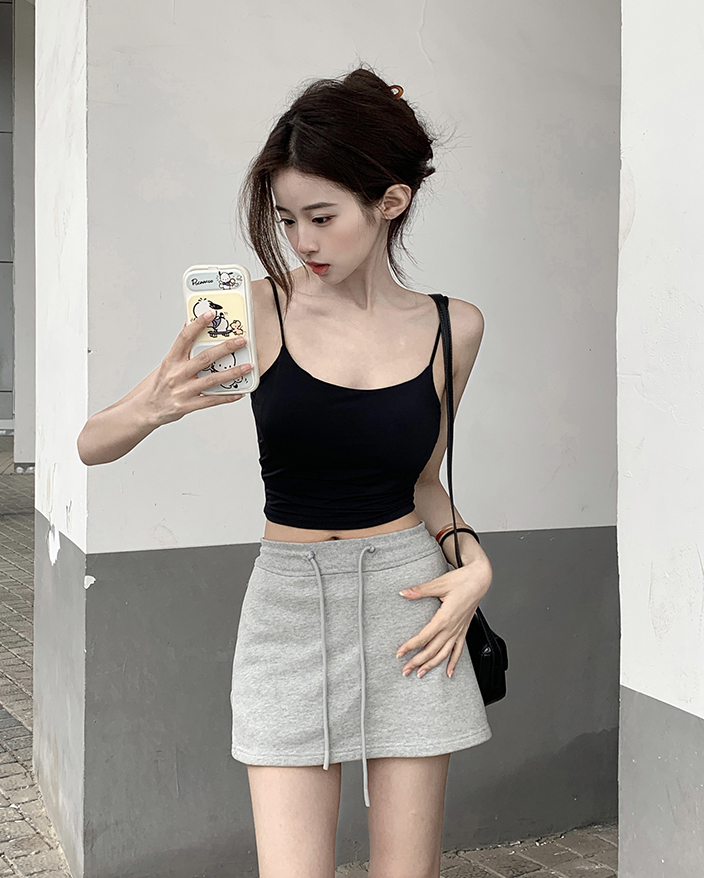Real shot~ Slimming sleeveless vest for women's summer short tops for slimming girls + gray short skirt 