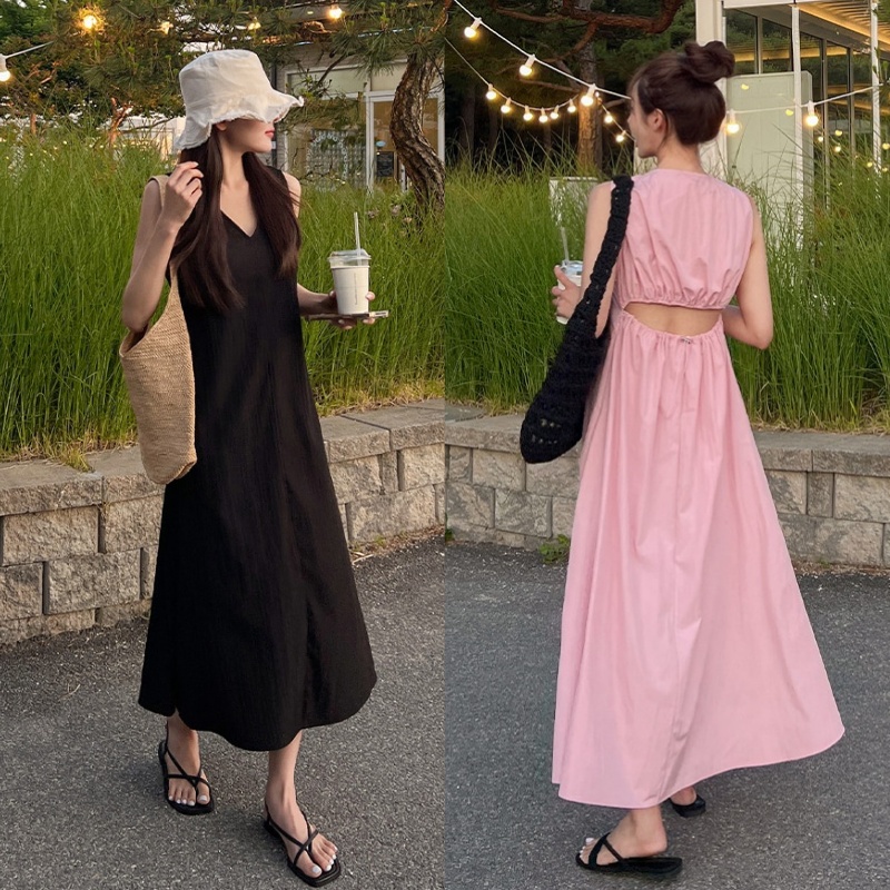 Korean chic retro French style V-neck hollow waist exposed casual loose sleeveless vest dress