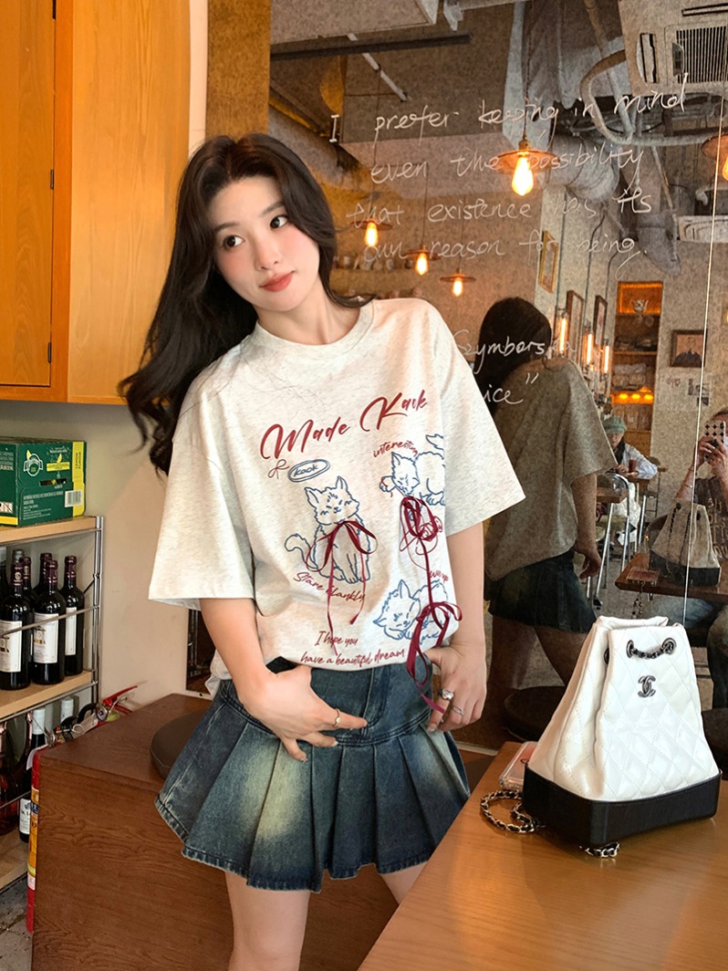 Real shot ~ Loose short-sleeved T-shirt summer new cat print bow mid-length half-sleeved top