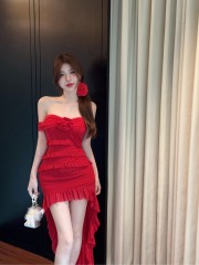 實拍~紅色飄逸燕尾前短後長抹胸花朵荷葉邊裹胸禮服連衣裙女