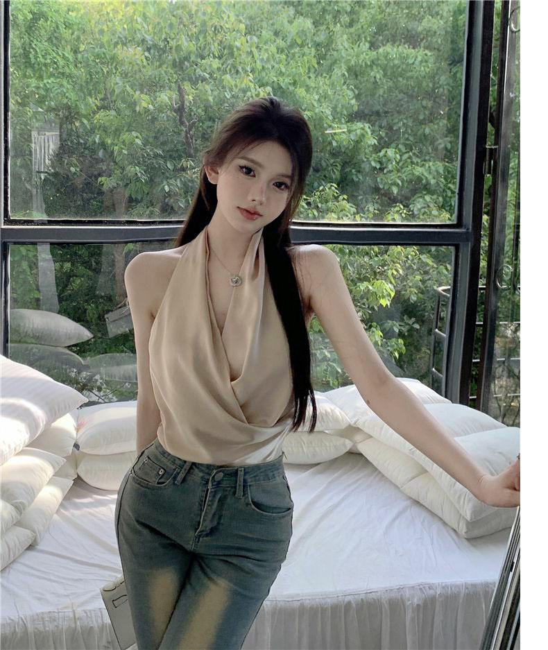 氣質御姐風掛脖v領交叉吊帶新款精緻女神范性感露背緞面無袖上衣