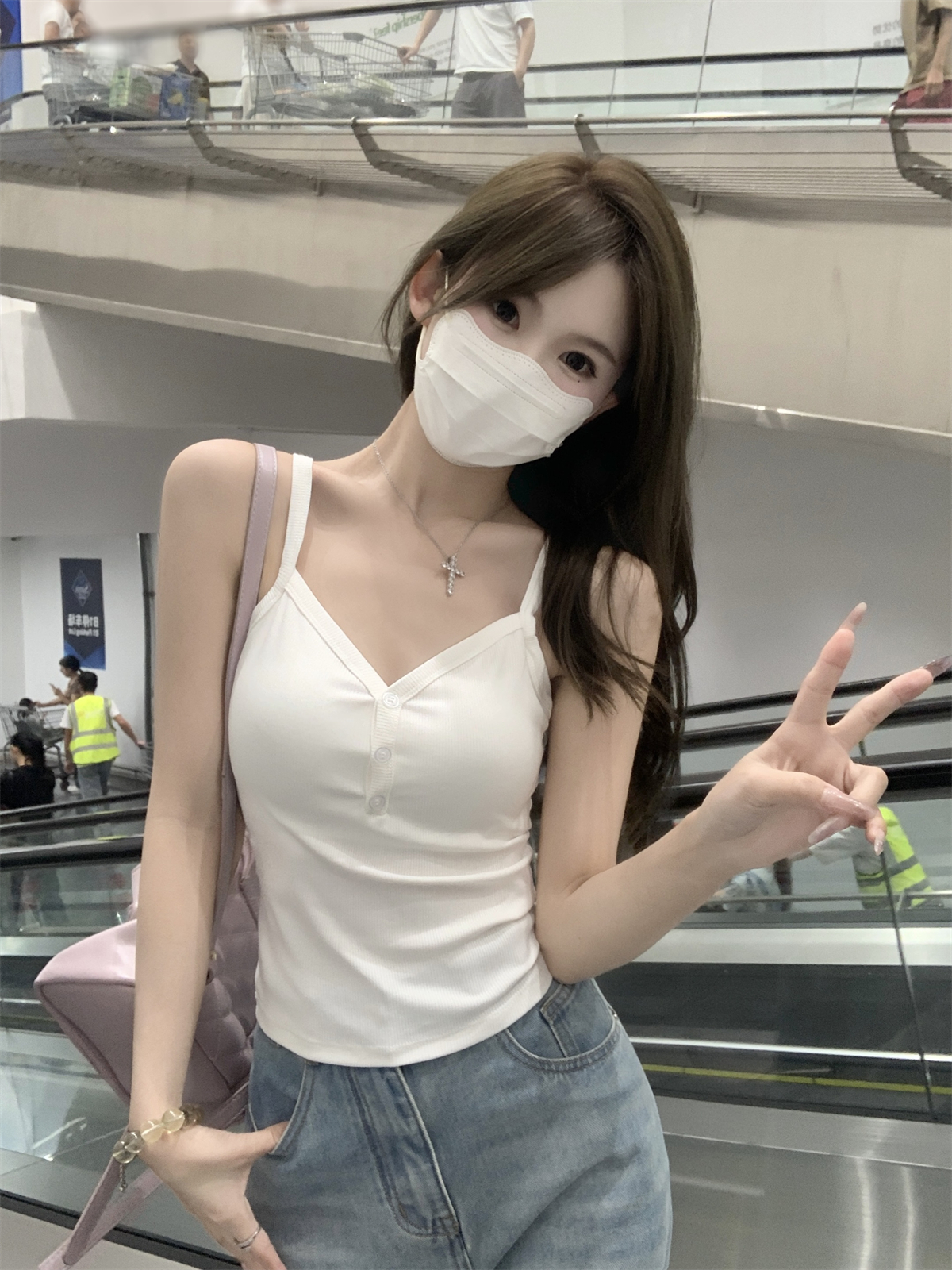 實拍 夏季韓版修身純欲v領紐扣設計感百搭吊帶內搭背心上衣