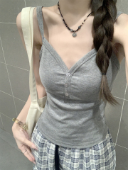 實拍 夏季韓版修身顯瘦v領紐扣設計感百搭吊帶內搭背心上衣女
