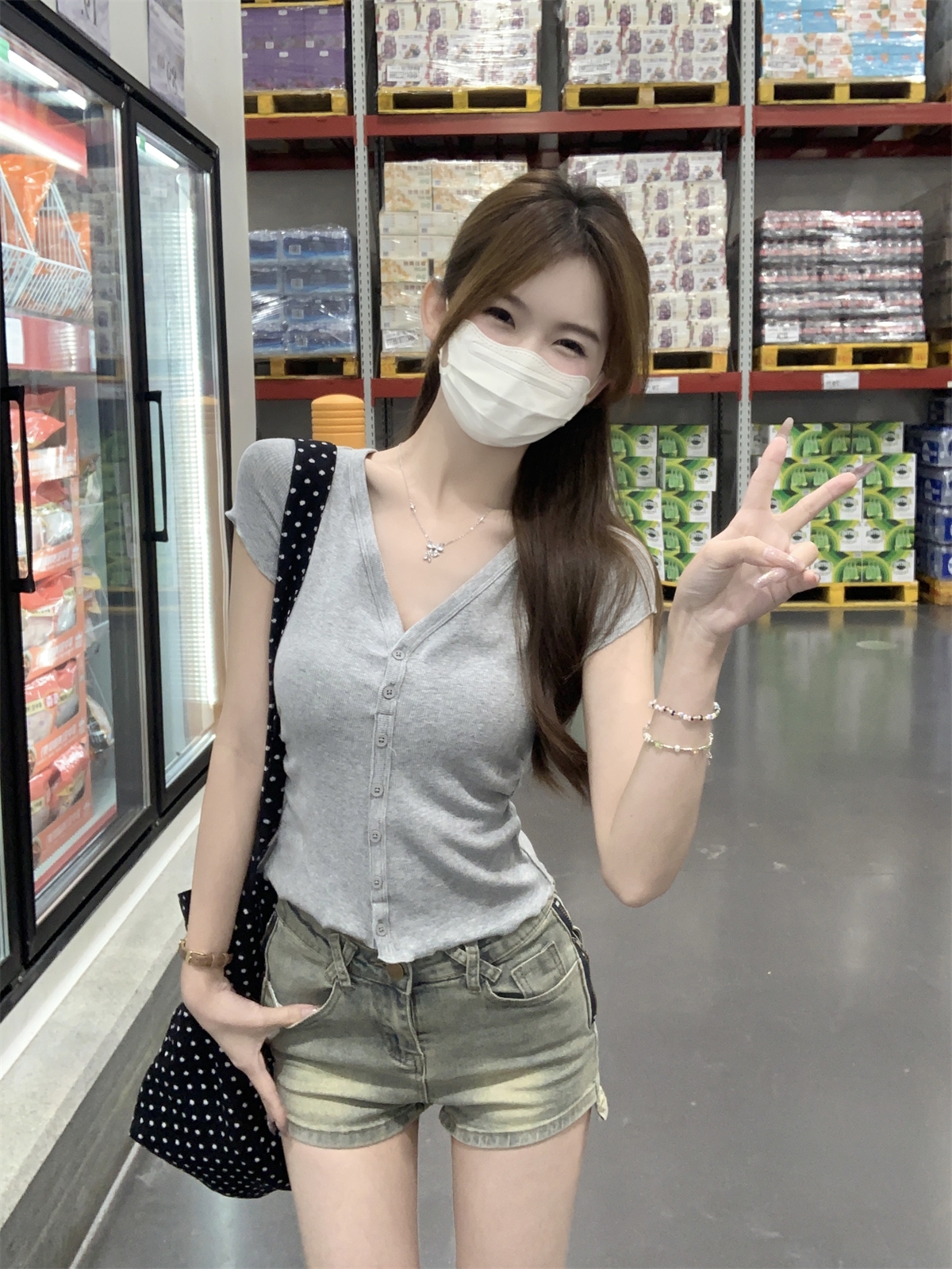 實拍 夏季韓版正肩氣質v領單排扣木耳邊開衫百搭短袖T恤上衣