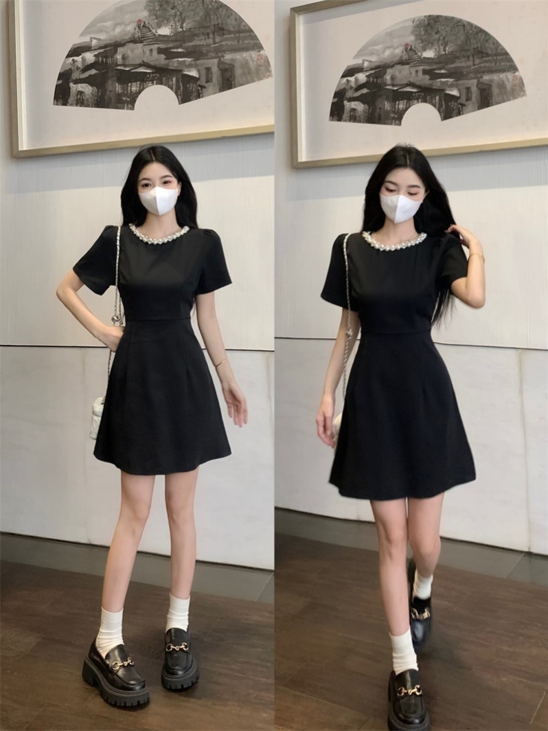 실사 빅 사이즈 지방 mm 프랑스식 진주 칼라 거품 소매 허리 수축 드레스 여름 고급 센스 생일 행사 치마 작은 검은 드레스