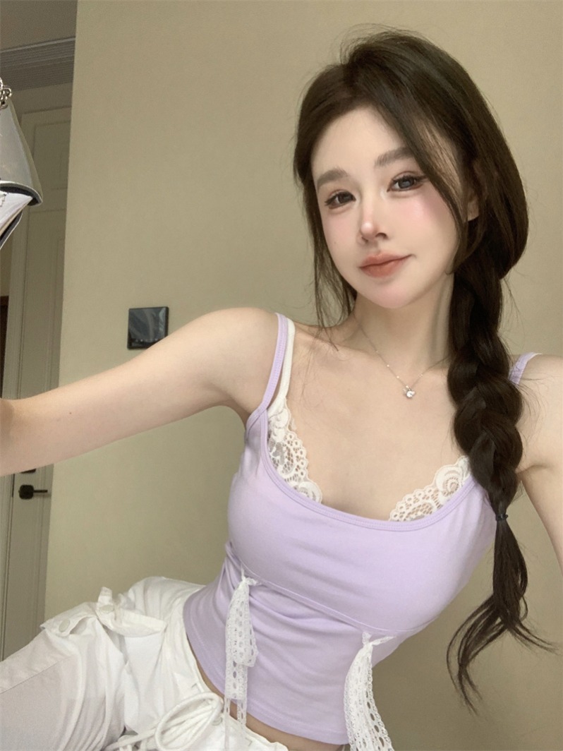 달콤한 매운맛 소녀 센스 레이스 조각 슬립 작은 조끼 여성 짧은 레이스업 슬림해 보이는 다용도 맨위 실사 정가