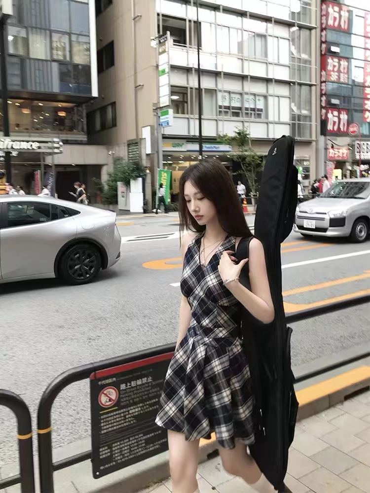 NIMOWANG 6.15/20:00 昭和少女辣妹格紋蝴蝶結無袖A字背心裙