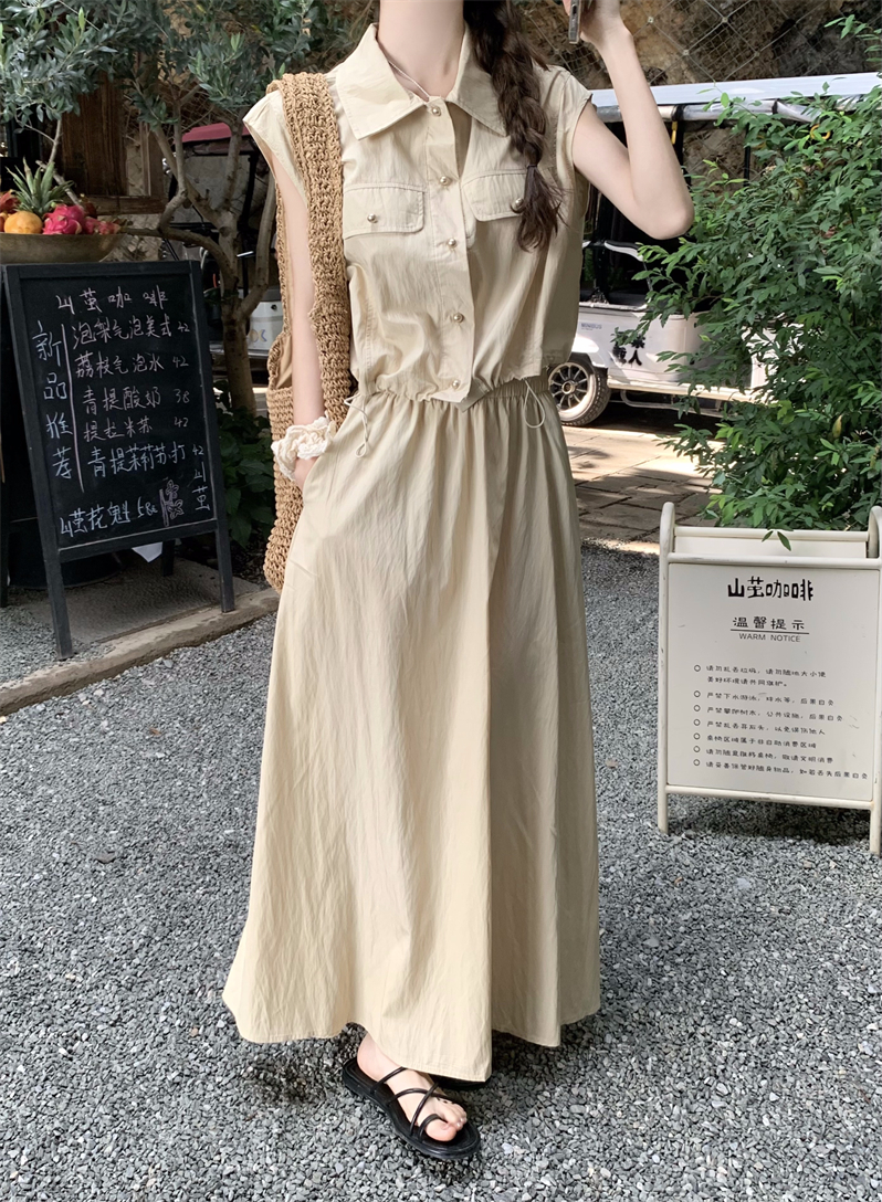 Actual shot of 2024 new summer style sleeveless work shirt top for women + large swing loose long skirt two-piece suit