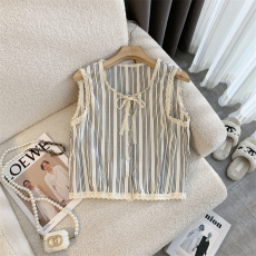 批发实拍◆法式复古蕾丝边系带条纹背心减龄气质显瘦上衣女小飞袖