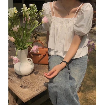 2024新款韓版夏季別致泡泡袖氣質吊帶襯衣女一字肩襯衫上