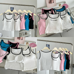 實拍價~人棉U領拼色甜美風撞色休閒刺繡彈力修身糖果色背心女