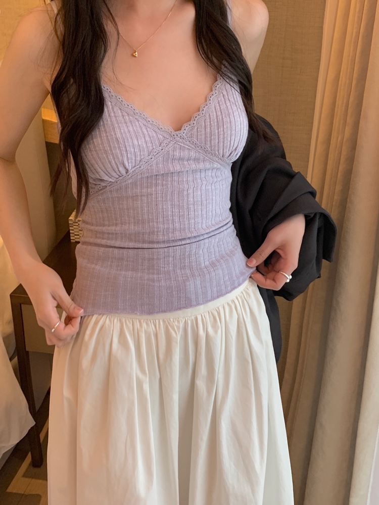New trendy lingerie-style innerwear with elastic mesh lace trim tank top for women, featuring adjustable shoulder straps and a design-forward look.