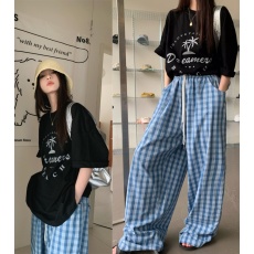 批发现实拍 舒适宽松椰子树<b class='q'>印花</b>黑色短袖+蓝色格子抽绳阔腿裤套装