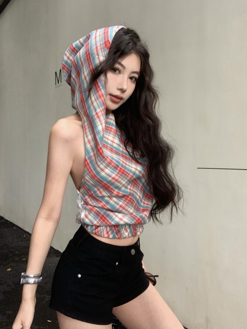 實拍辣妹風紅色格子拼接蕾絲無袖連帽外穿背心女顯瘦盪領上衣