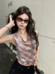 實拍辣妹風紅色格子拼接蕾絲無袖連帽外穿背心女顯瘦盪領上衣