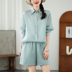 批发日常通勤薄荷曼波风宽松慵懒风棉麻衬衫休闲短裤两件套装女<b class='q'>夏</b>