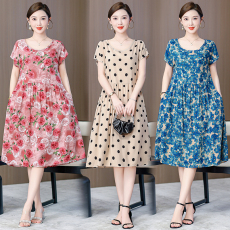 批发棉绸<b class='q'>连衣裙</b>女2024新款夏季<b class='q'>人造棉</b>绵时尚外穿中长款落肩袖碎花裙子