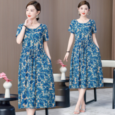 批发2024新款夏季棉绸<b class='q'>连衣裙</b>女<b class='q'>人造棉</b>绵绸印花收腰显瘦旅游沙滩长裙子
