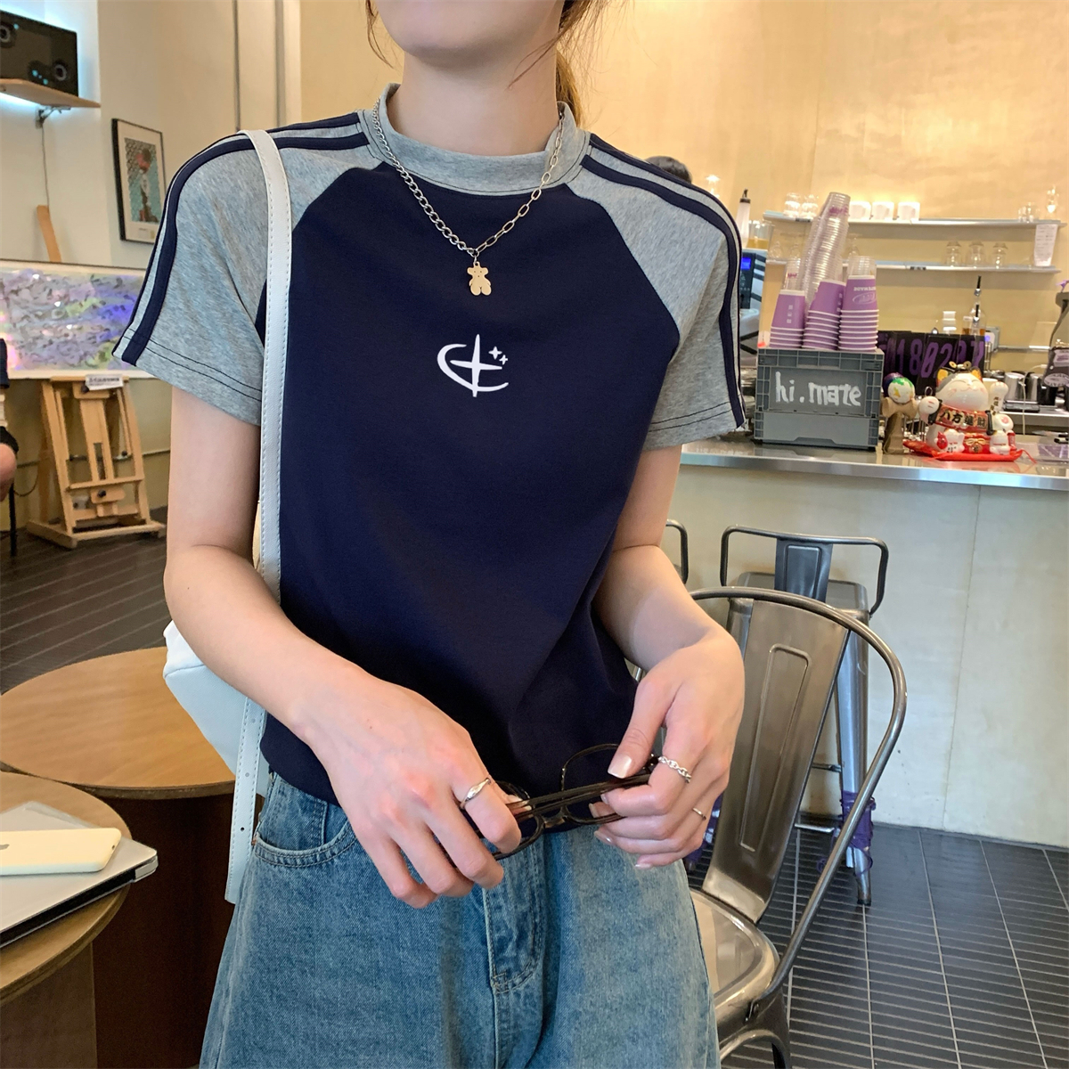 實拍 夏季韓版百搭插肩撞色槓條印花設計感純棉短袖T恤上衣