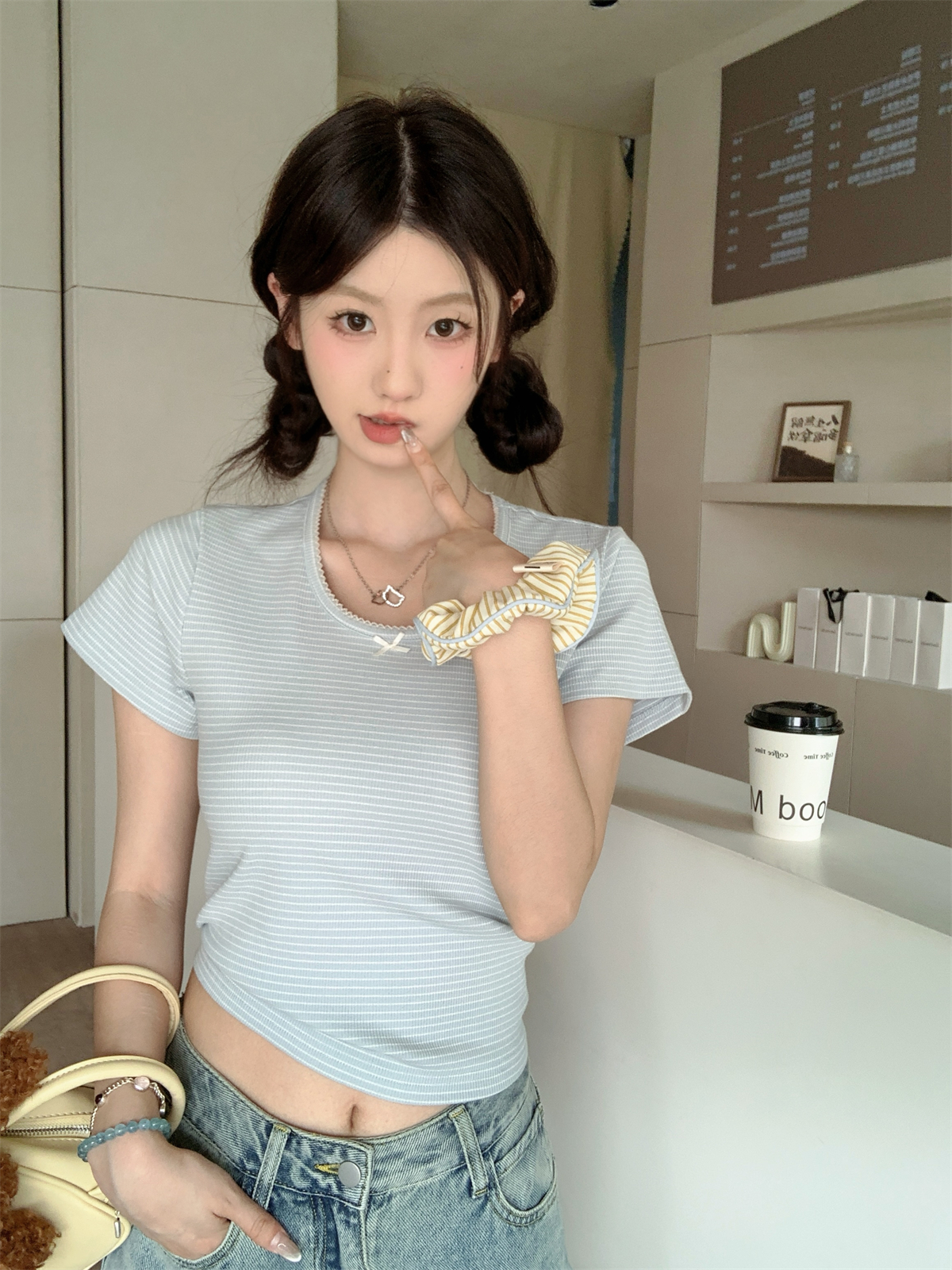 實拍 夏季韓版修身U領正肩復古撞色條紋百搭純棉短袖T恤上衣