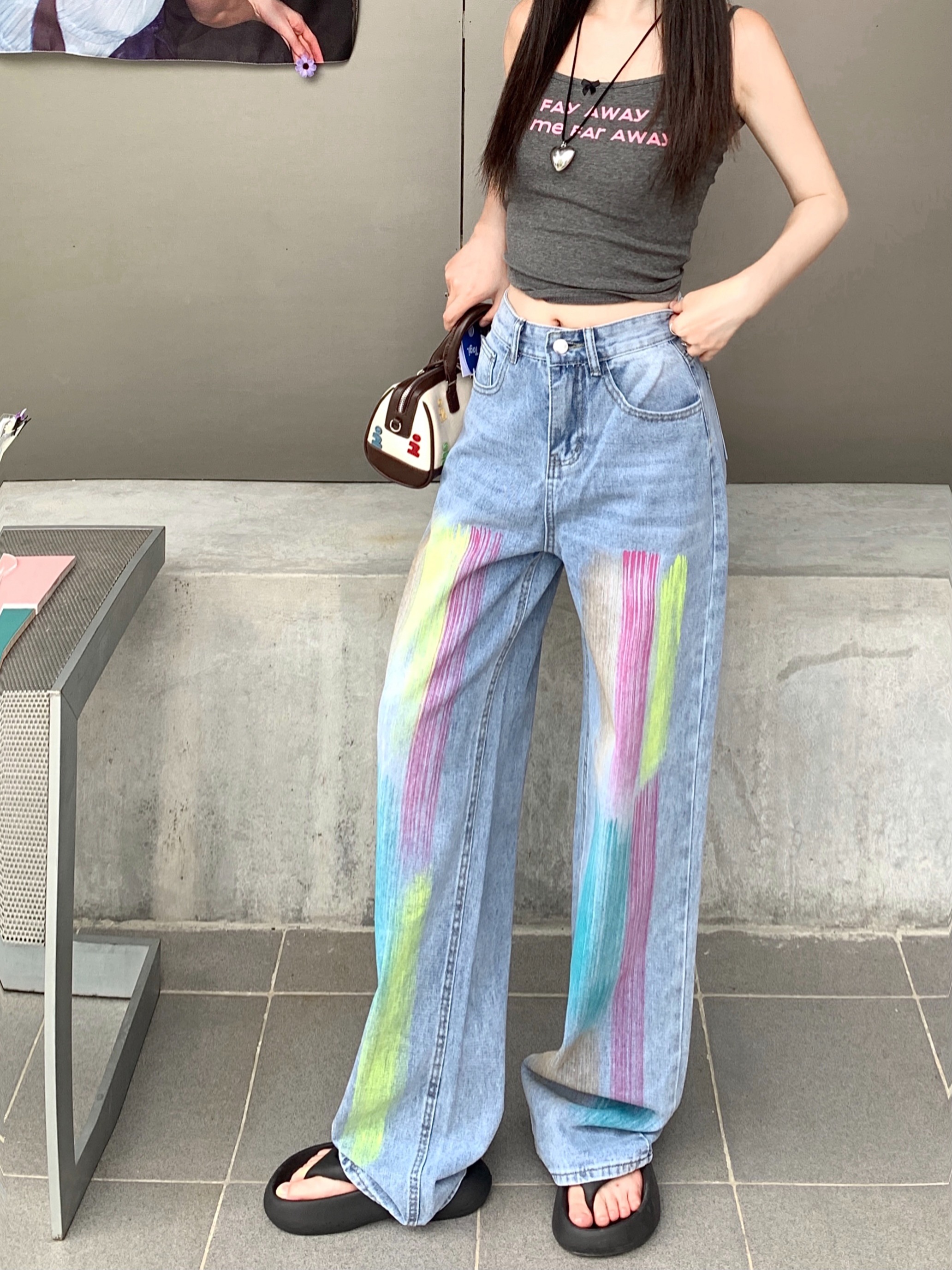 Actual shot ~ Retro high-waisted loose wide-leg jeans for women straight-leg slimming trousers