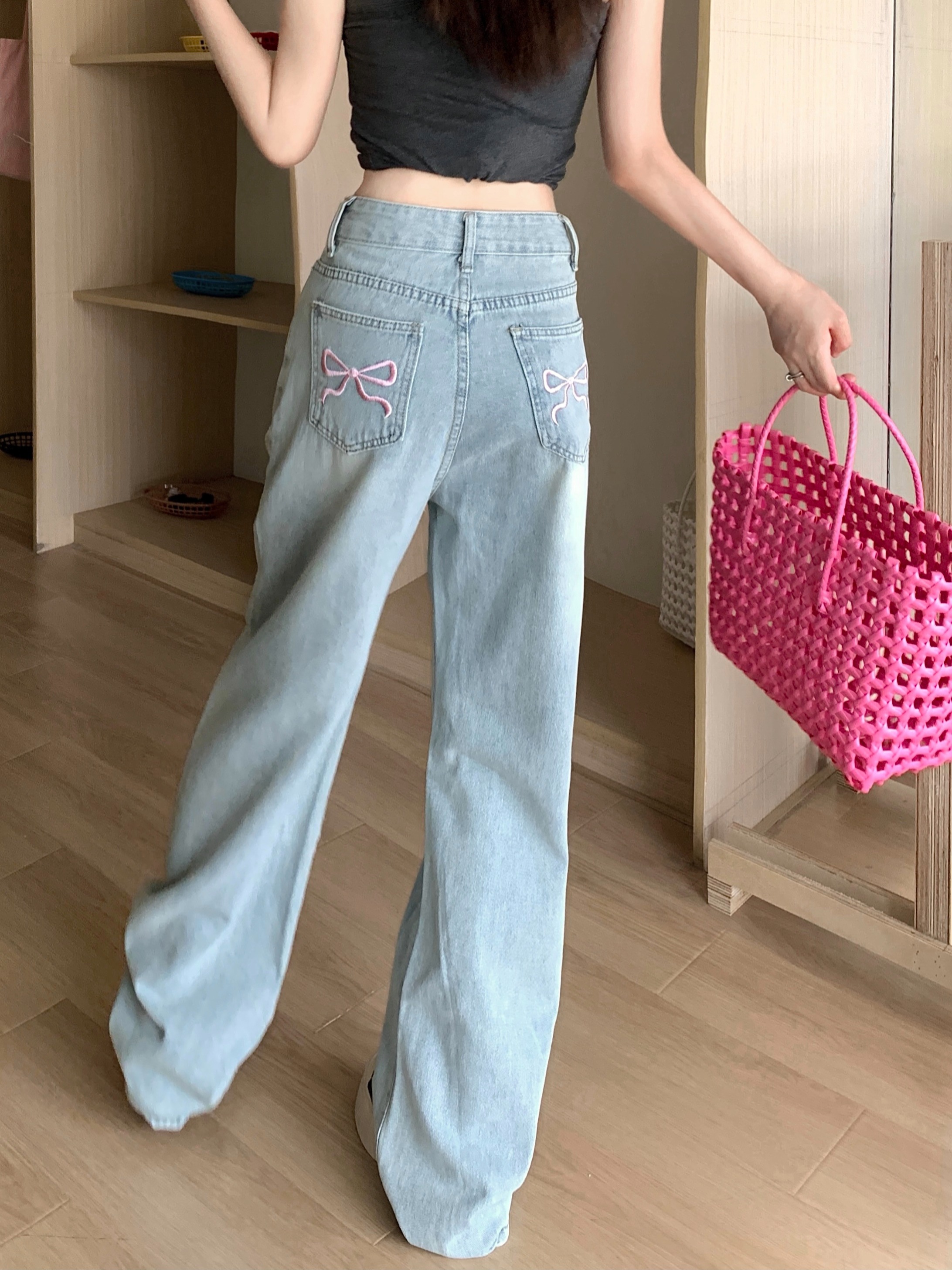 Actual shot ~ Summer new style bow embroidered denim American retro high-waisted straight pants