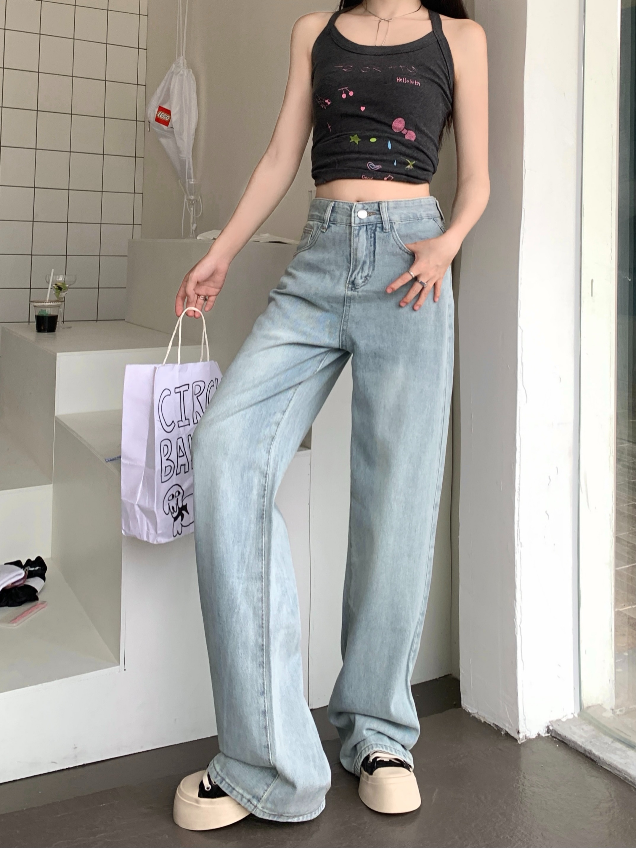 Actual shot ~ Summer new style bow embroidered denim American retro high-waisted straight pants