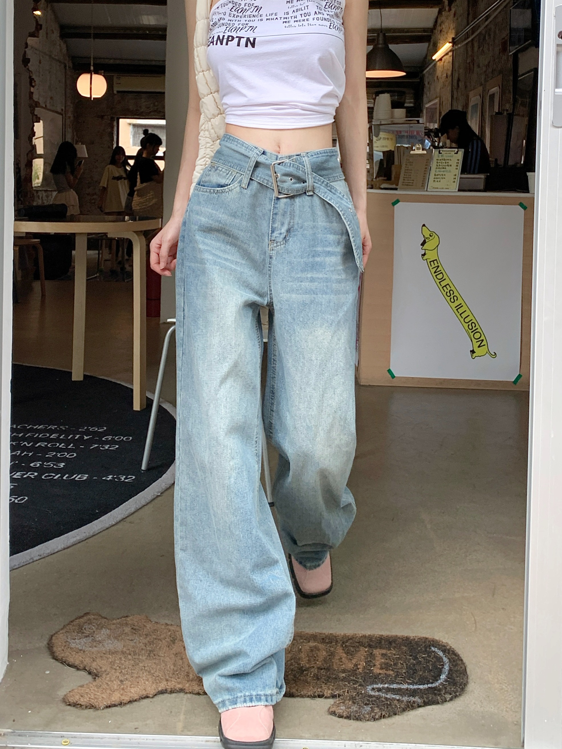 Real shot ~ Retro belted straight jeans for women, spring and summer design versatile trousers