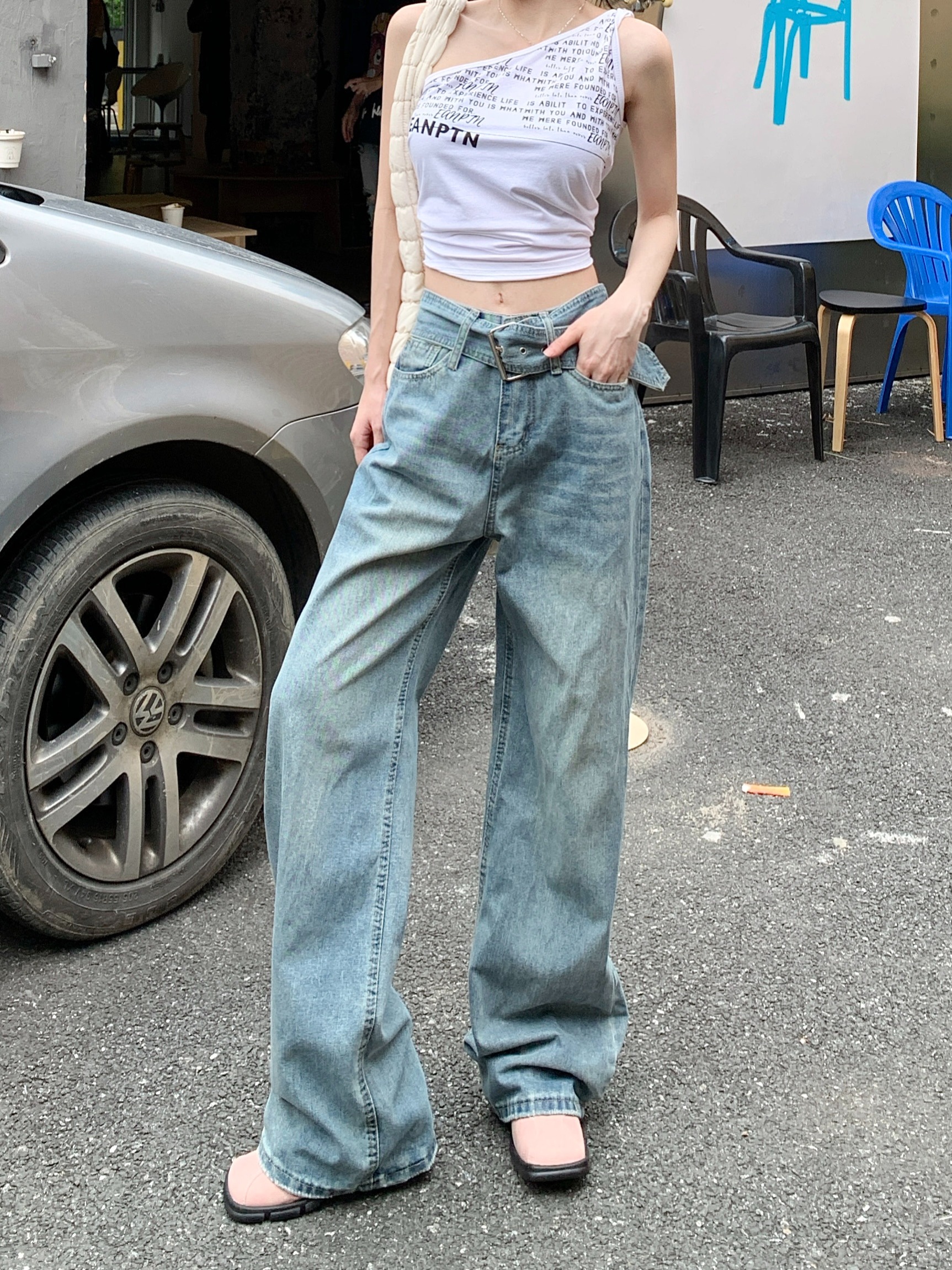 Real shot ~ Retro belted straight jeans for women, spring and summer design versatile trousers