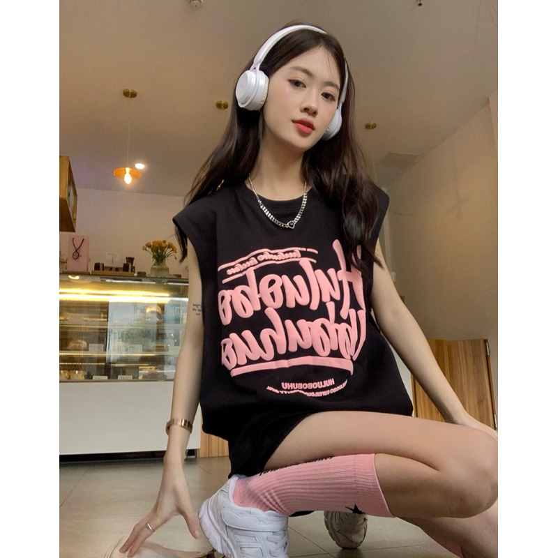 Stretch cotton printed bottoms missing women's summer mid-length waistcoat sleeveless vest t-shirt