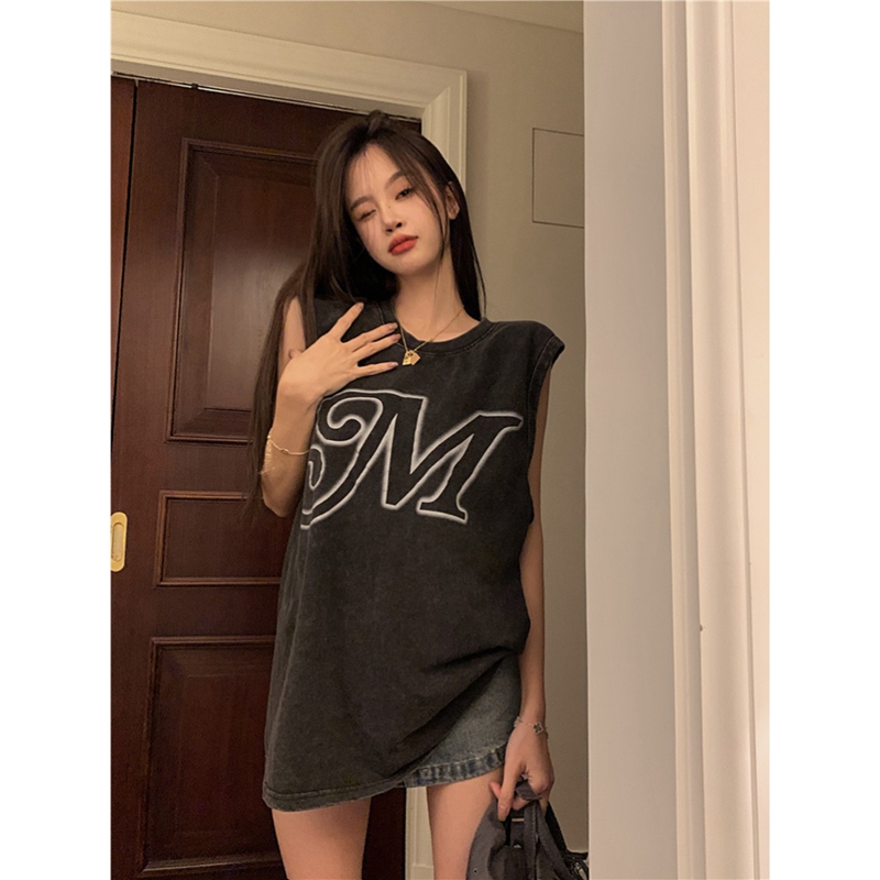 Washed cotton retro washed and distressed sleeveless vest T-shirt women's summer loose casual top