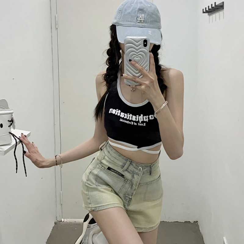 Pull up cotton halterneck halter top for hot girls to wear in summer, short strappy backless top