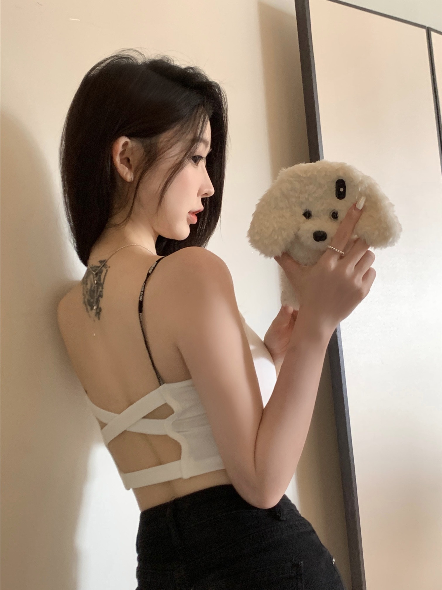 Real shot~ Fixed cup suspender strap beautiful back bra all-in-one vest with back cross backless tube top