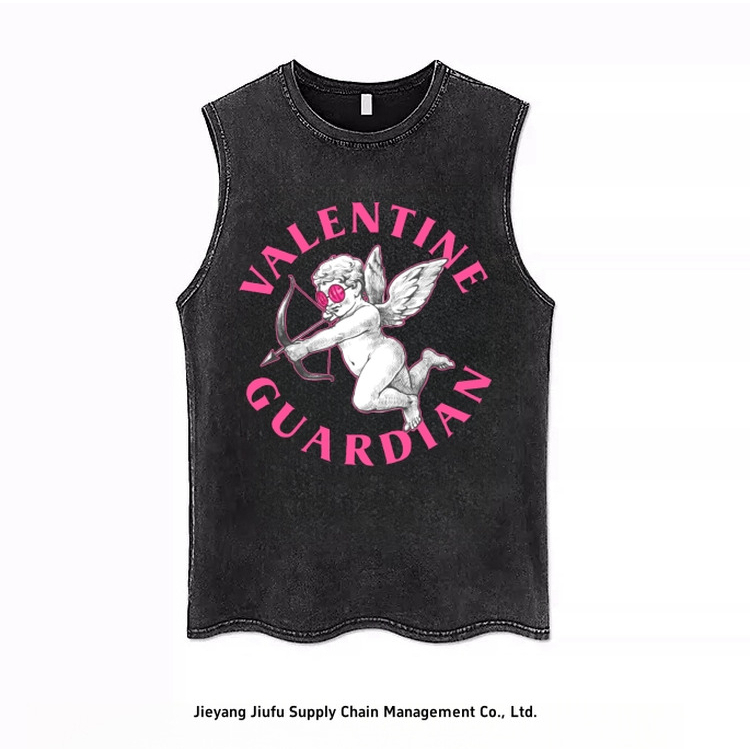 Real shot of American retro angel print sleeveless vest for women, summer trendy brand couple wear vest top