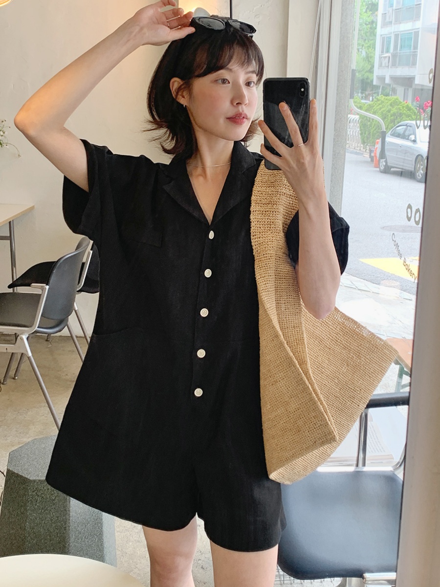 한국 chic 레트로 품격 폴로 칼라 싱글 줄 버튼 주머니 루즈핏 캐주얼 반팔 넓은 다리 올인원 반바지