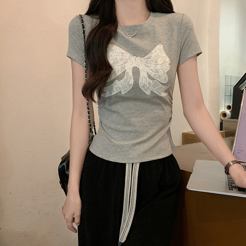 MY3244# 短袖t恤夏潮刺绣正肩修身短款圆领上衣女装女裝貨源服裝批發