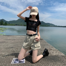 批发美式复古时尚<b class='q'>大</b>口袋高腰工装风短<b class='q'>裤</b>A字<b class='q'>大</b>长腿杏色休闲短<b class='q'>裤</b>热<b class='q'>裤</b>