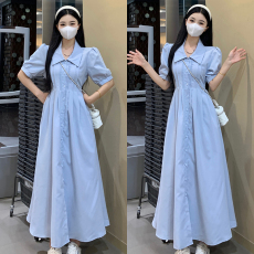 批发茶歇法式桔梗复古高级感气质收腰显瘦娃娃领蓝条衬衫<b class='q'>连衣裙</b>女夏