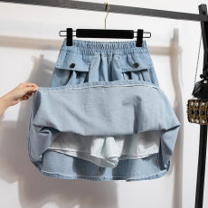 批发实拍牛仔纯棉洗水五分裤假两件裤大码裙宽松阔腿裤<b class='q'>夏</b>压皱裙裤女