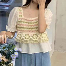 批发法式减龄V领针织衫夏季新款重工刺绣雪纺泡泡袖时尚百搭上衣