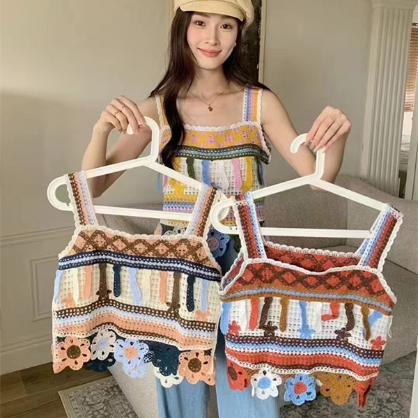 Ethnic style crochet embroidery knitted camisole women's 2024 new loose design summer short top