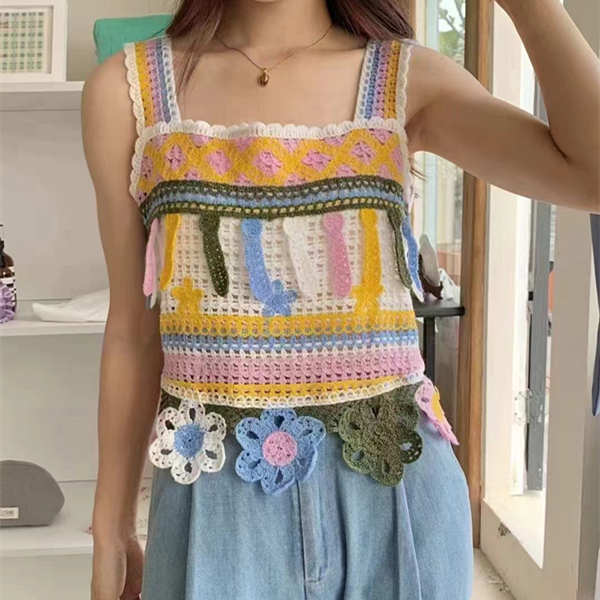 Ethnic style crochet embroidery knitted camisole women's 2024 new loose design summer short top