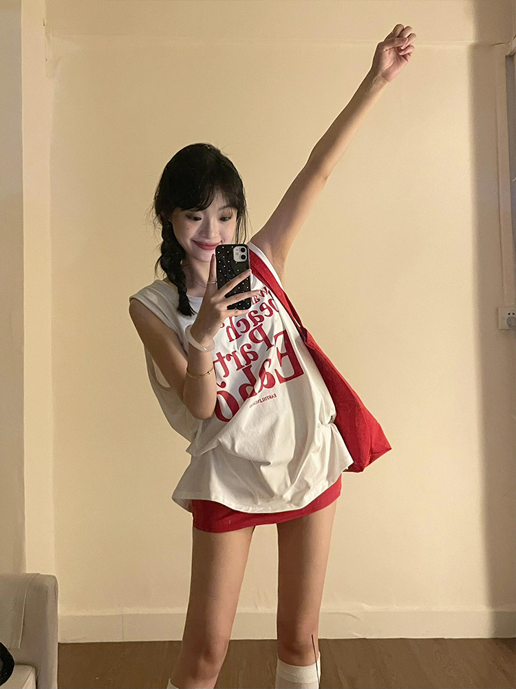 High quality pure cotton 220g 19 count combed tightly printed loose large version sleeveless vest vest for women