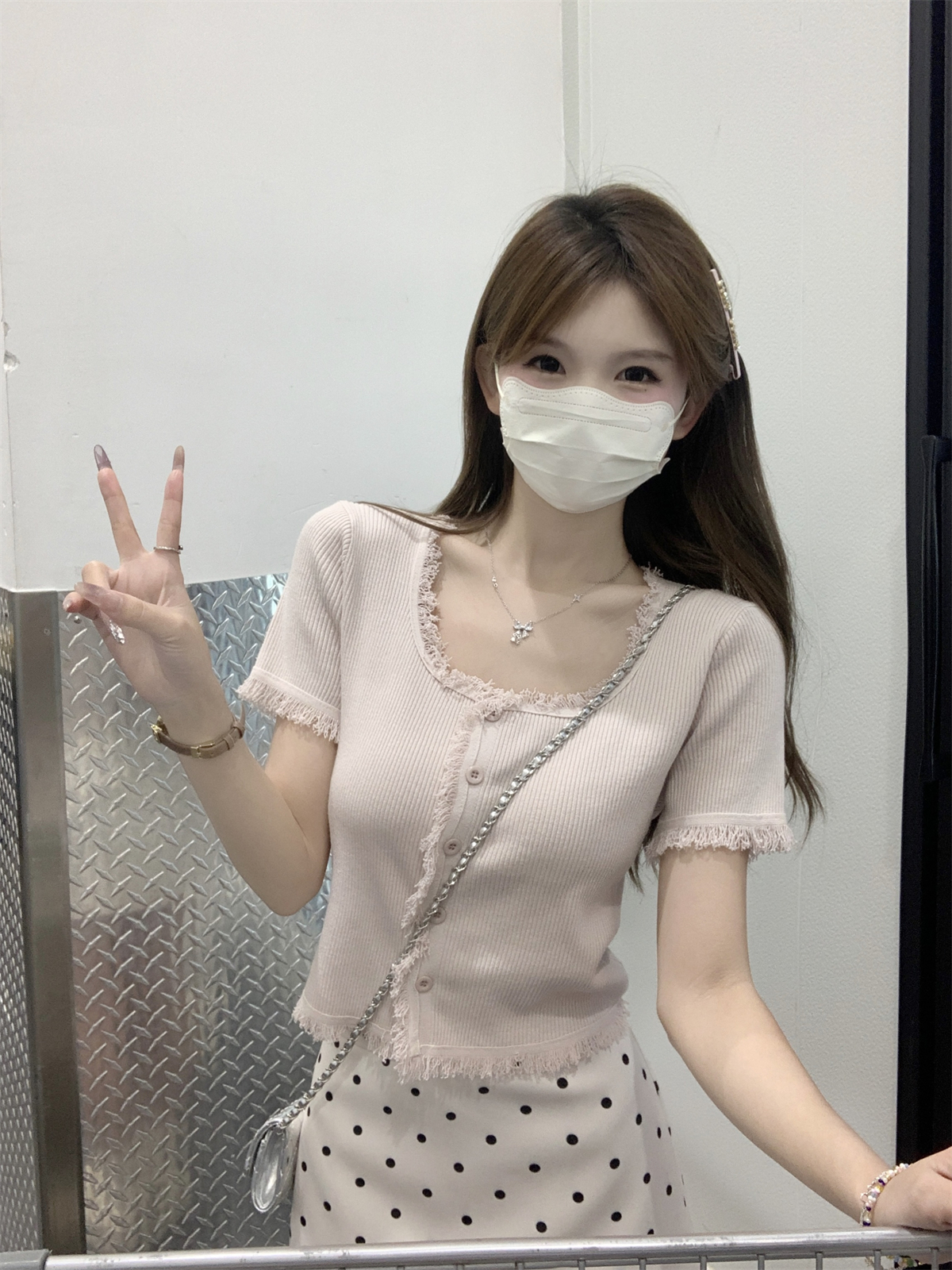 Actual shot of summer Korean style square collar temperament tassel single-breasted short knitwear short-sleeved cardigan top