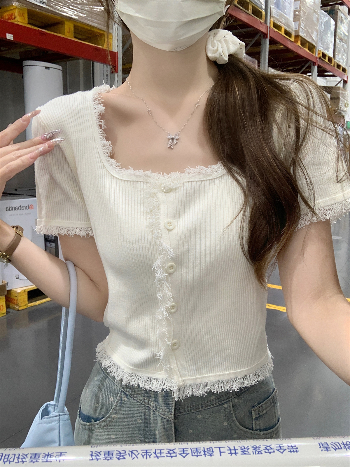 Real shot of summer Korean style square collar sweet tassel single-breasted short sweater short-sleeved cardigan top