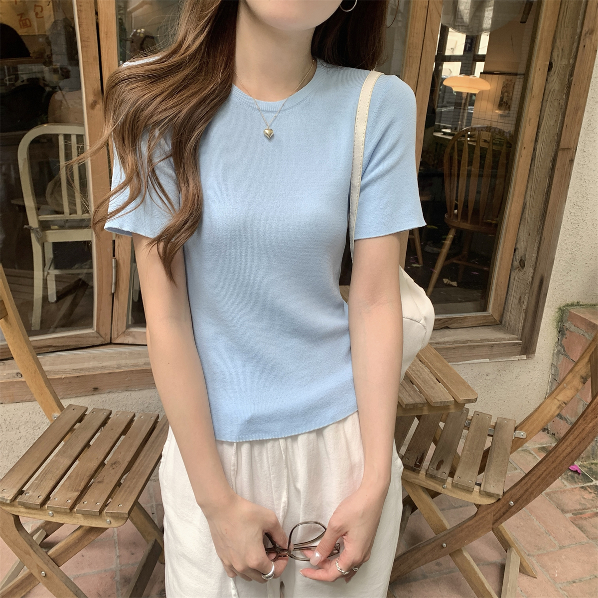 實拍夏季韓版圓領純色簡約氣質百搭曲珠針織衫短袖上衣